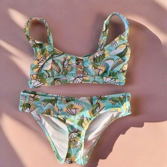 Hurley Green Tropical Strappy Cutout Bikini Swim Top Matching Bottoms Set - Picture 1 of 9